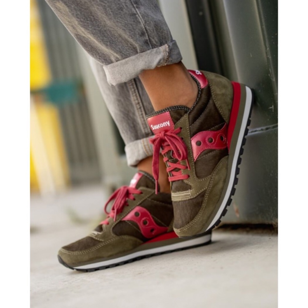 Saucony Jazz Olive Green Raspberry Pony Hair Suede Sneakers